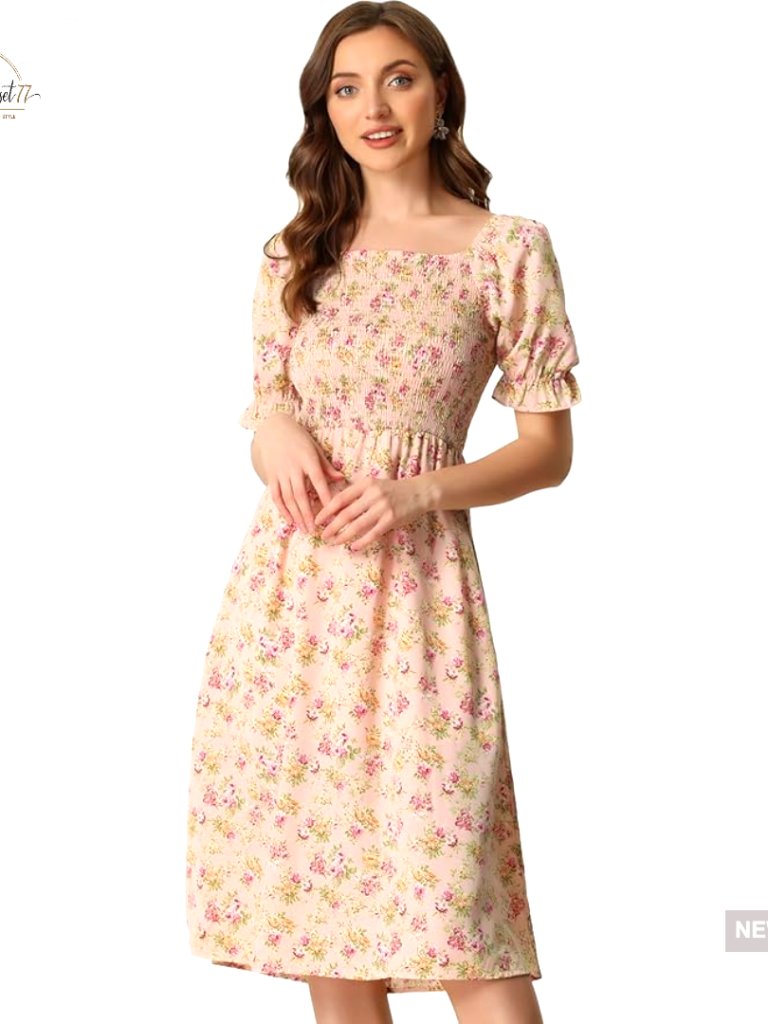 Floral Smocked Midi Dress With Puff Sleeves, Square Neck, Lightweight Polyester